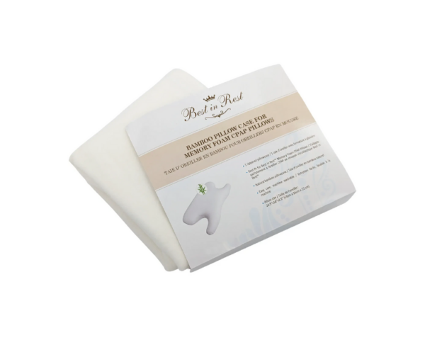 Vista frontal da fronha de travesseiro para CPAP dobrada na embalagem