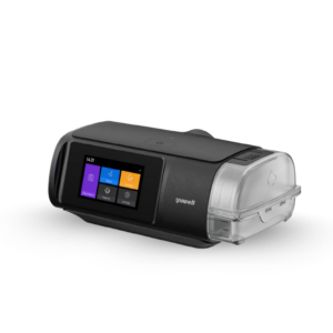 AutoCPAP Yuwell Breathcare III YH-680 em vista lateral superior, destacando o umidificador e a porta de conexão do tubo.